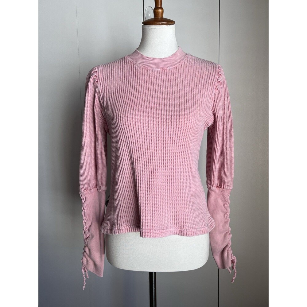 Free People FP One Pink Waffle Knit Top Women S Braided Sleeve Cotton
